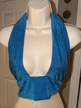 SHEIN Deep V Halter Teal Blue Crop Top